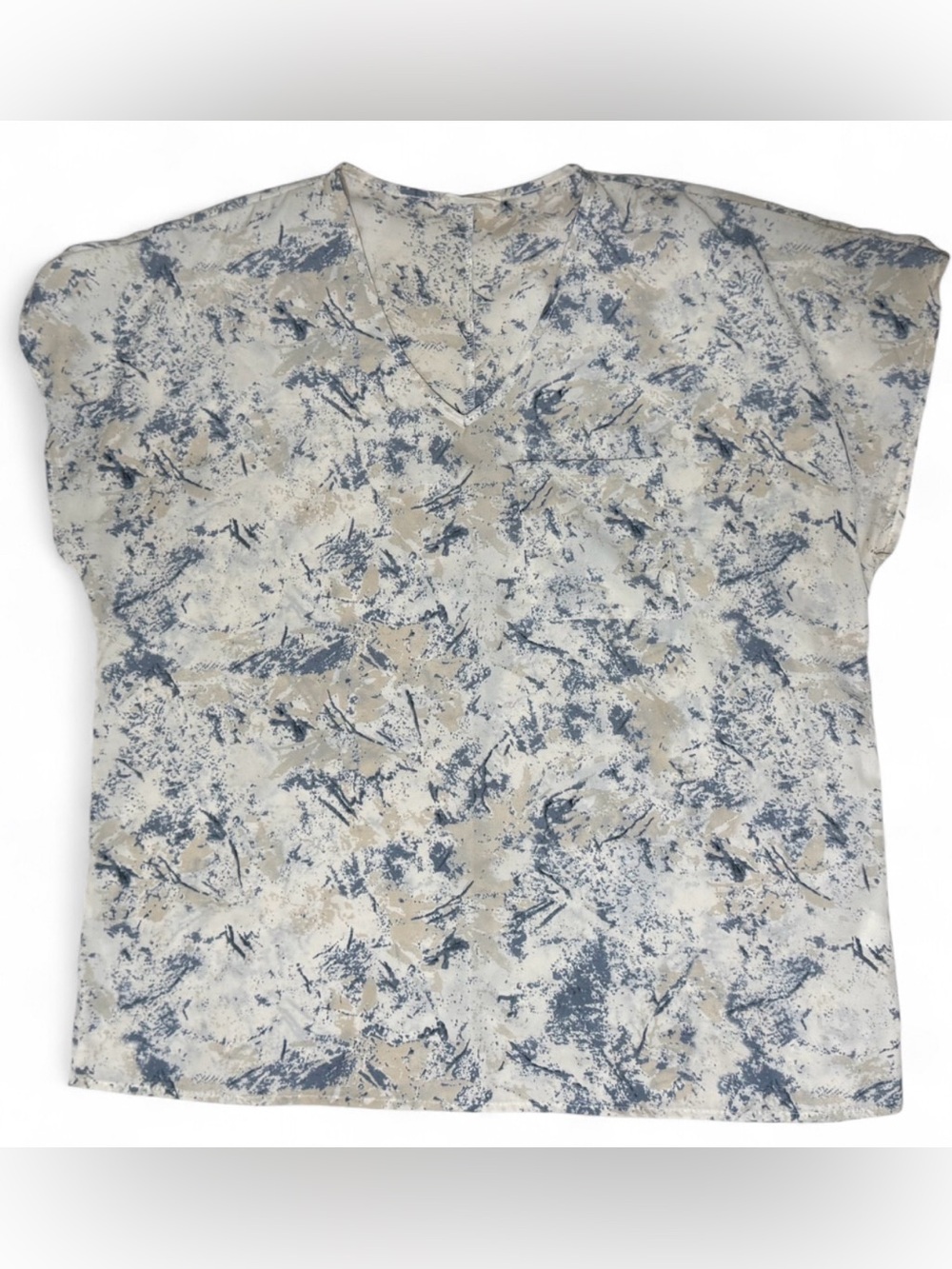 Cotton Bleu Abstract Print V-Neck Blouse | Blue & Beige Short Sleeve Top Size M